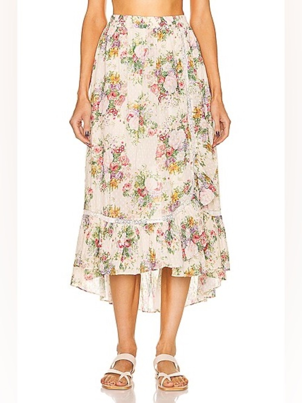 LoveShackFancy Floral Swiss Dot High Low Ruffle Cotton Maxi Skirt Boho Coquette
